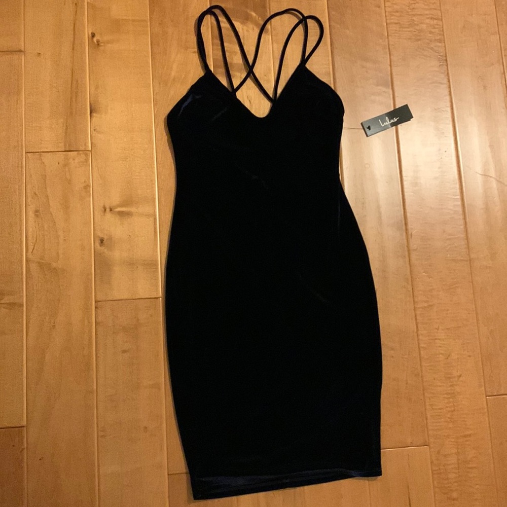 Lulus Dark Navy Bodycon Velvet Strappy Dress NWT Size M